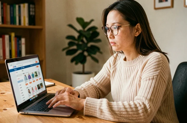 Femme consultant un site e-commerce chinois sur un ordinateur portable, illustrant les achats en ligne sans authentification 3D Secure
