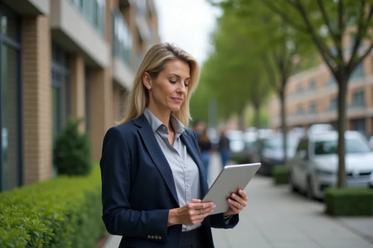 Agent immobilière professionnelle devant un immeuble moderne consultant une tablette avec des documents de marché immobilier