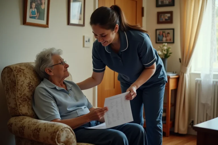 Aide à domicile ADMR accompagnant une personne âgée à son domicile, illustration du service d'aide à la personne