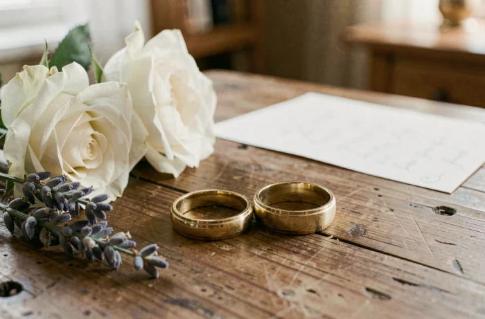 Alliances en or posées sur une table en bois avec des roses blanches et de la lavande séchée