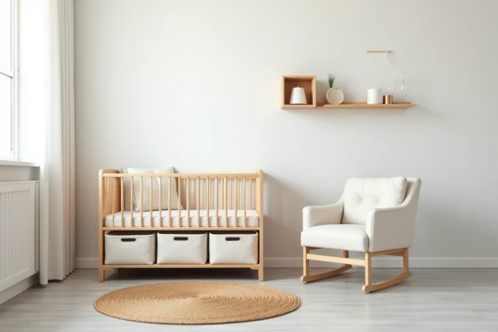 Vue grand angle d'une chambre de bébé complète avec lit évolutif, table à langer en bois et fauteuil d'allaitement en bouclé blanc