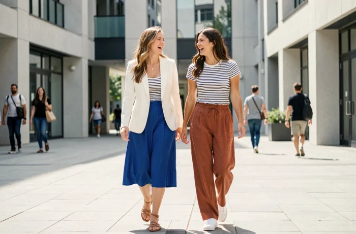 Deux amies stylées en tenues colorées tendance marchant dans une place urbaine ensoleillée, inspirations mode printemps-été