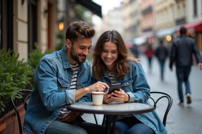 Deux amis en terrasse de café discutant de l'ordre de visionnage des films Spider-Man sur un smartphone