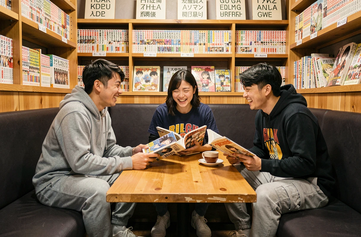 Groupe d'amis découvrant des mangas célèbres commençant par la lettre C dans un manga café japonais