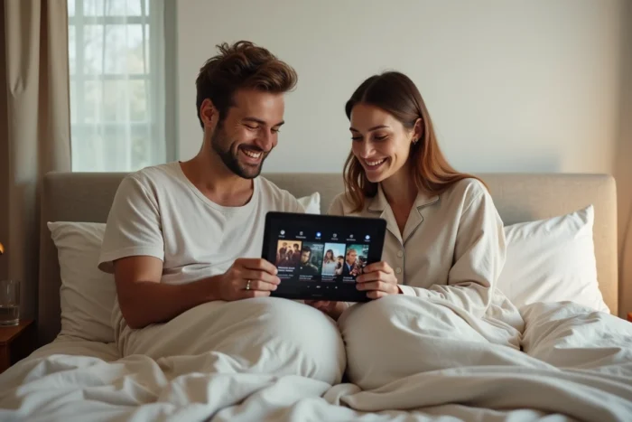 Deux amis regardant ensemble un catalogue de streaming sur une tablette dans une chambre, meilleures alternatives à Papadustream