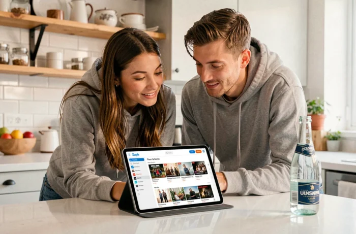 Deux amis parcourant ensemble une plateforme de streaming français sur une tablette dans une cuisine moderne