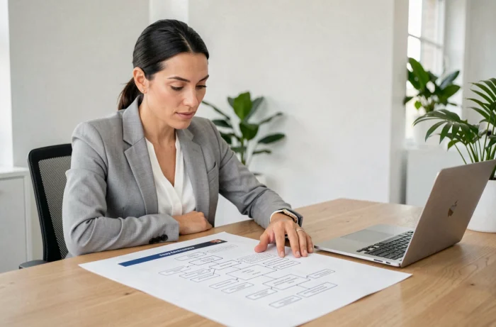 Femme professionnelle analysant un plan de site web imprimé sur papier dans un bureau moderne