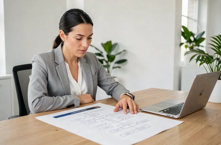 Femme professionnelle analysant un plan de site web imprimé sur papier dans un bureau moderne
