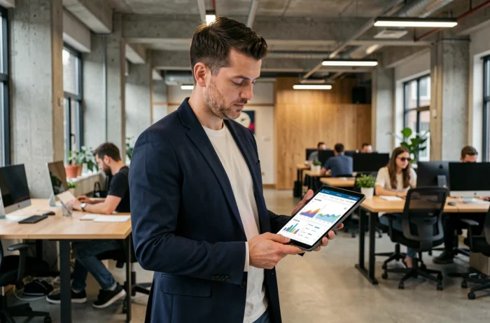 Professionnel analysant des données web et tendances numériques sur une tablette dans un espace coworking