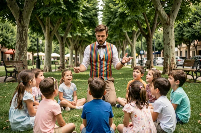 Animateur de spectacle réalisant un tour de magie pour des enfants dans un parc de Nice lors d'une fête d'anniversaire
