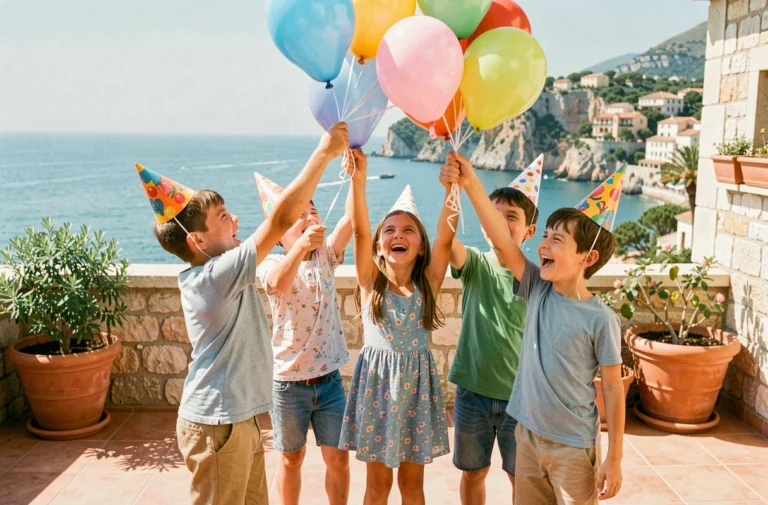 Groupe d'enfants célébrant un anniversaire en plein air sur une terrasse à Nice avec vue sur la mer Méditerranée