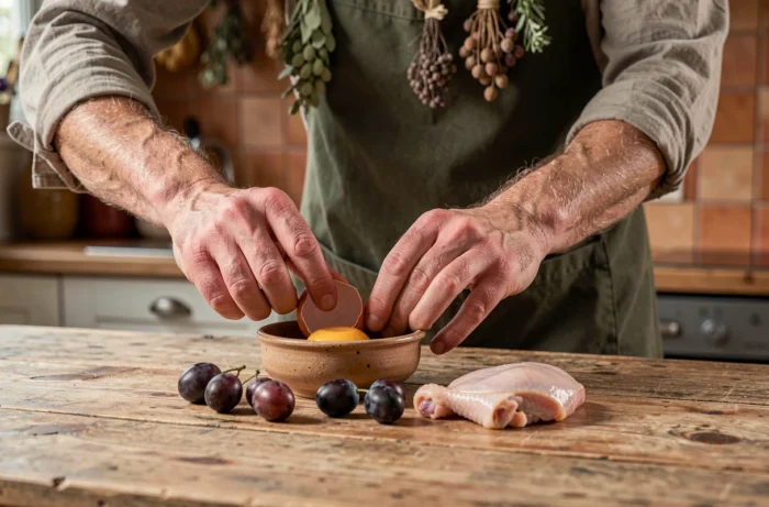 Appâts naturels pour piège à fouine incluant un œuf cru, des raisins et un morceau de volaille crue disposés sur une table
