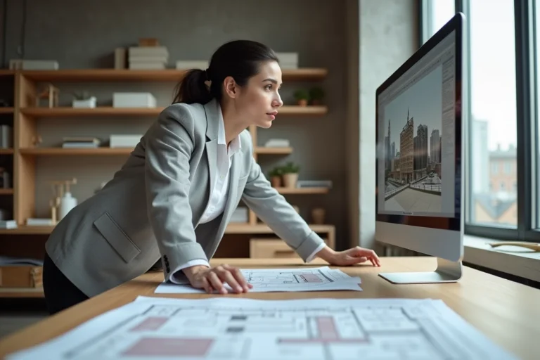Architecte femme travaillant sur des plans numériques et des blueprints dans un studio moderne d'architecture
