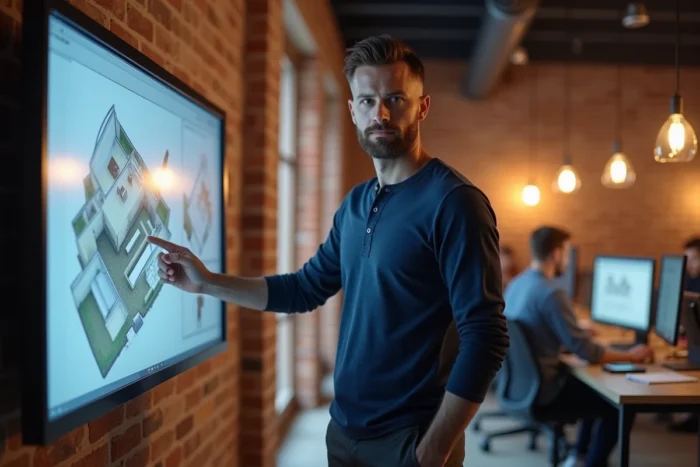 Architecte homme présentant un plan d'étage numérique sur un écran tactile dans un espace de coworking