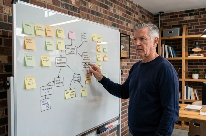 Homme expliquant l'architecture de navigation d'un site web sur un tableau blanc collaboratif
