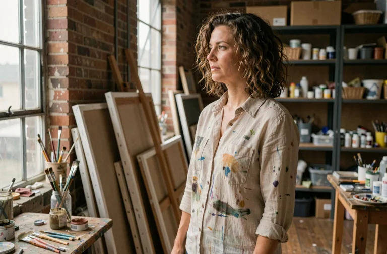 Femme artiste pensive dans un atelier encombré, symbolisant une histoire inachevée et la fin d'une série télévisée