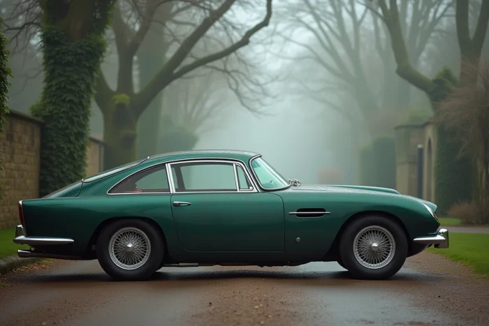Aston Martin DB5 vert British Racing Green des années 60 garée sur une allée de domaine anglais brumeux entourée de chênes centenaires