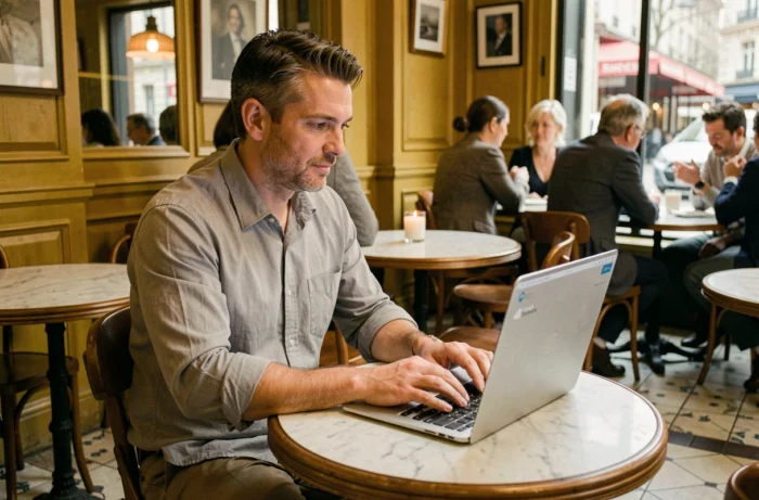 Homme d'affaires consultant sa banque en ligne dans un café parisien