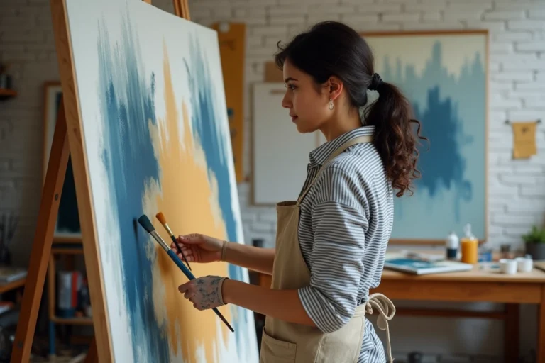 Artiste femme peignant une grande toile abstraite dans son atelier aux murs en brique blanche, tablier taché de peinture et pinceau en main