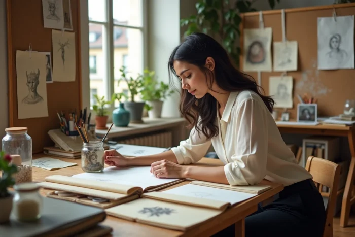 Femme artiste assise à une table de travail en bois, étudiant une peinture miniature entourée de carnets de croquis et de références artistiques dans un atelier parisien