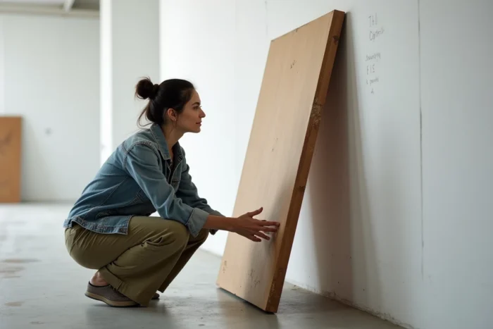 Artiste femme accroupie devant une grande peinture à l'huile exposée dans une galerie d'art contemporaine, regardant son œuvre avec fierté et émotion