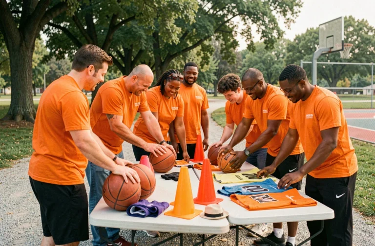 Des bénévoles diversifiés organisent du matériel sportif dans un parc pour promouvoir le sport solidaire en France