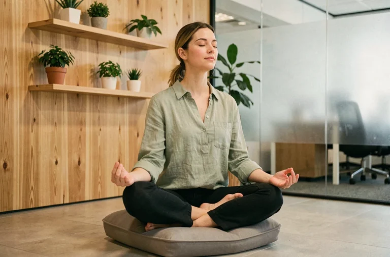 Femme pratiquant la pleine conscience dans un espace bien-être en entreprise, assise sur un coussin ergonomique entourée de plantes vertes