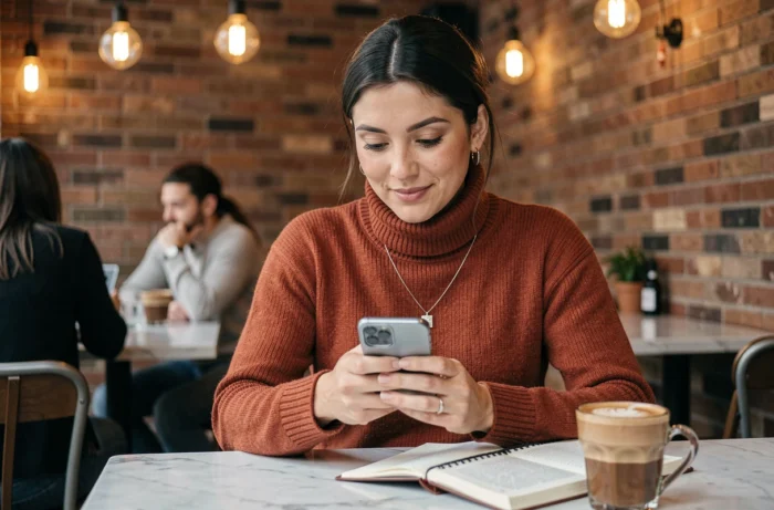 Femme blogueuse consultant son smartphone dans un café tendance pour gérer son blog en 2024