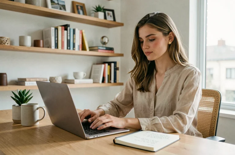 Blogueuse féminine travaillant sur son blog depuis un bureau à domicile minimaliste en 2024