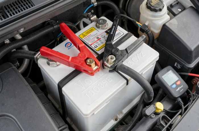 Gros plan sur les bornes d'une batterie de voiture neuve avec un scanner OBD2 pour la réinitialisation électronique