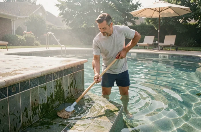 Un homme brosse les parois et le fond de sa piscine au sel pour prévenir la formation de biofilm