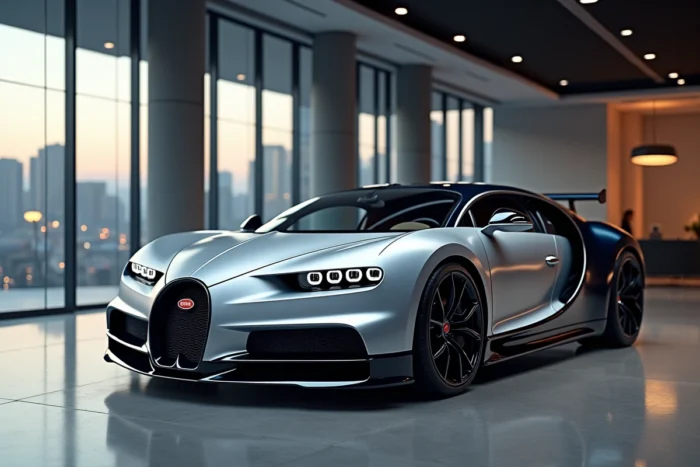 Bugatti Veyron Super Sport argentée exposée dans un showroom contemporain avec sol en béton poli et vue sur skyline urbain