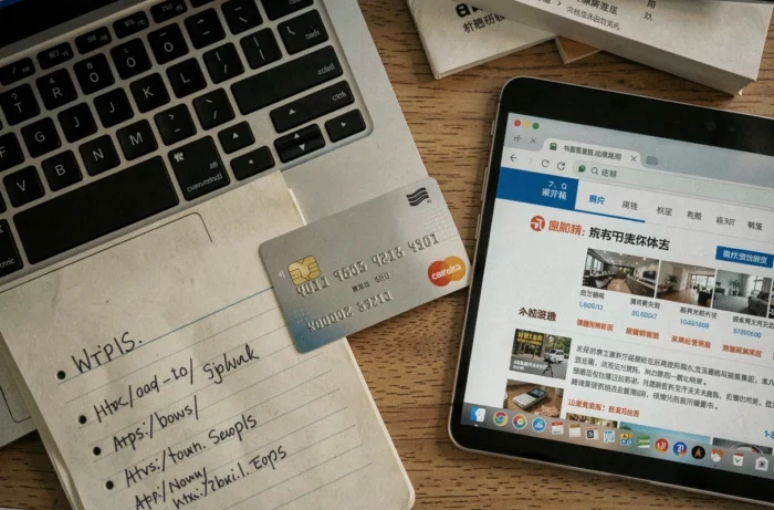 Bureau avec carte bancaire et ordinateur ouvert sur un site marchand chinois, évoquant les risques d'achat sans 3D Secure
