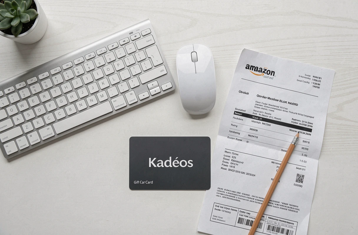 Carte cadeau Kadéos posée sur un bureau à côté d'un clavier et d'une confirmation de commande Amazon imprimée