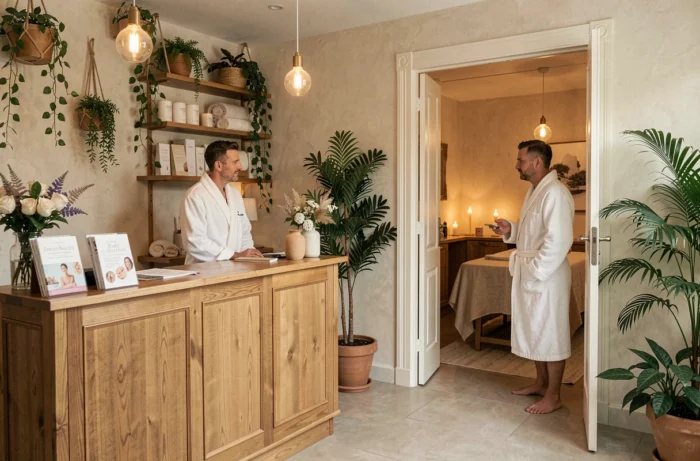Accueil d'un centre de bien-être parisien proposant des soins de massage holistiques haut de gamme