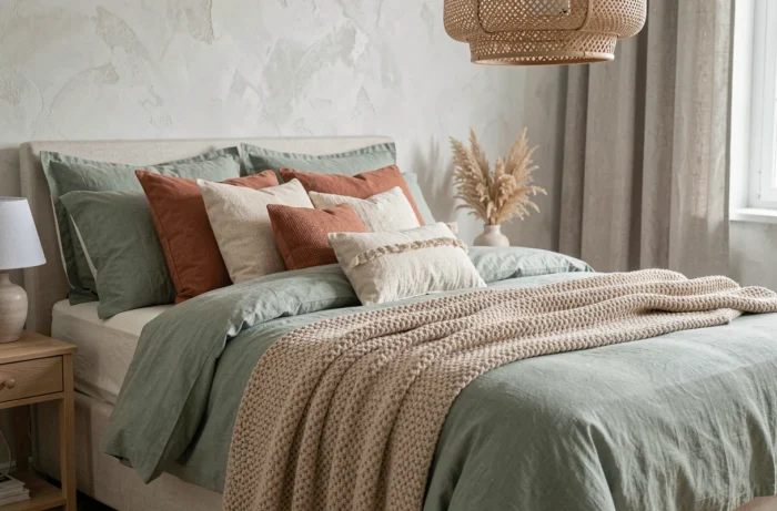 Chambre à coucher élégante avec literie en lin vert sauge, coussins en terre cuite et décoration murale en enduit à la chaux pour un intérieur tendance