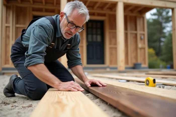 Charpentier comparant des échantillons de bois de pin et d'ipé pour la construction d'une terrasse