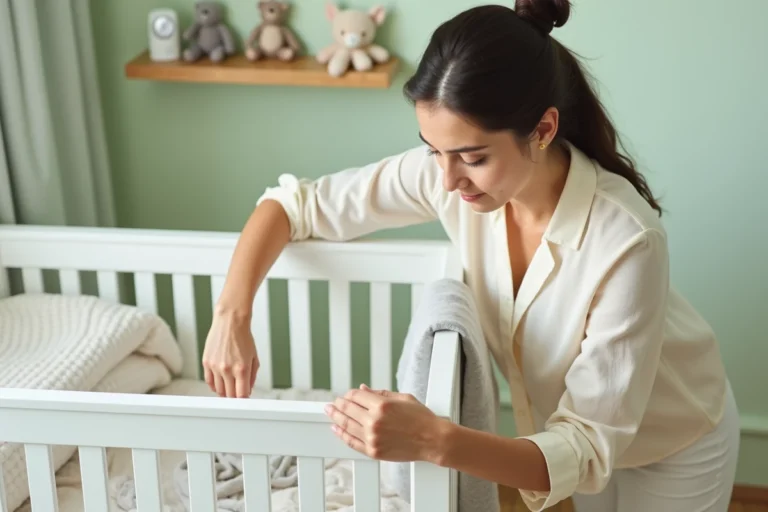 Jeune mère assemblant un lit bébé en bois blanc dans une chambre de bébé décorée en vert sauge avec parquet en chêne clair