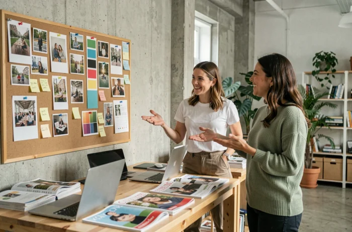 Deux blogueuses féminines collaborant sur une stratégie de contenu créatif dans un studio partagé