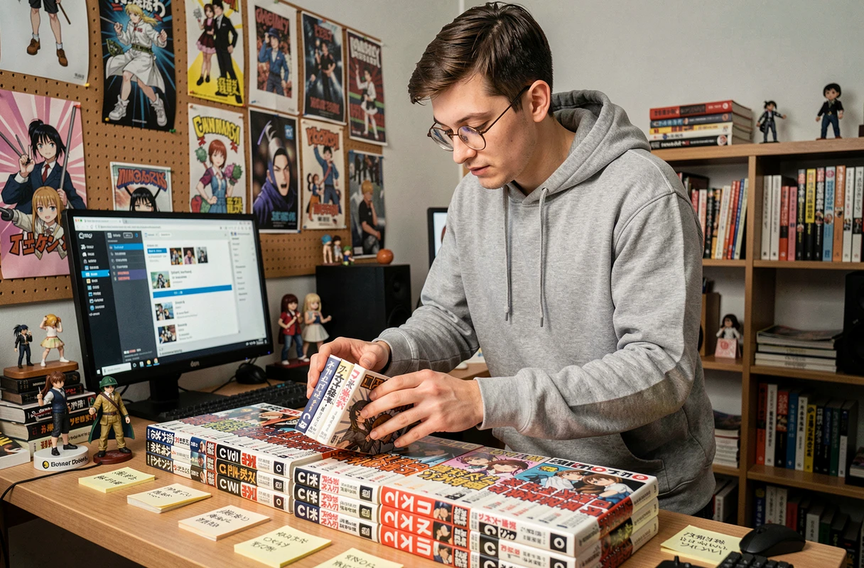 Homme passionné de manga classant sa collection de mangas en C dans son bureau personnel décoré de posters