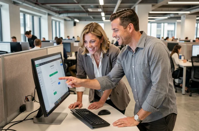 Deux collègues consultant un espace intérimaire en ligne sur un ordinateur de bureau au bureau