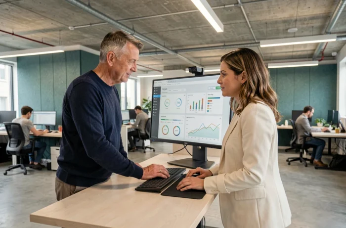 Deux collègues debout à un bureau réglable en hauteur analysant un tableau de bord bien-être dans un bureau moderne en open space
