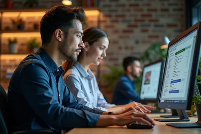 Deux collègues analysant une liste de contrôle de cybersécurité sur un ordinateur de bureau dans un espace de coworking moderne