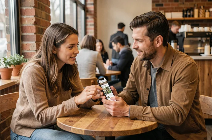 Deux collègues discutant d'une offre promotionnelle sur smartphone dans un café pour clarifier la notion de gratuit versus offert