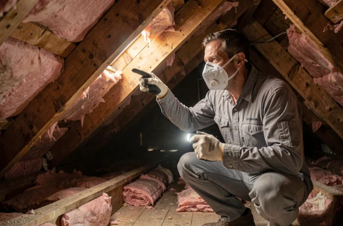 Homme repérant et inspectant un accès non condamné dans les combles d'une maison pour empêcher l'entrée d'une fouine