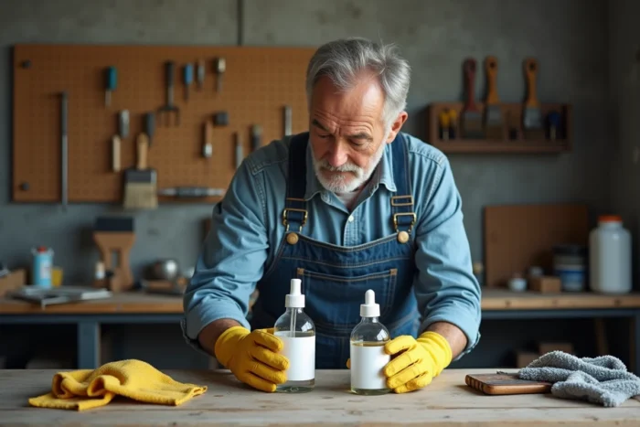 Homme en atelier comparant une bouteille d'acétone et de white spirit sur un établi en bois