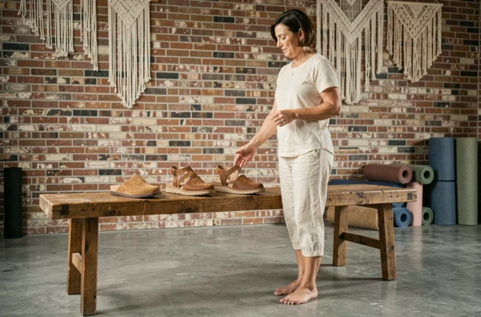 Femme comparant différents modèles de chaussures de yoga sur un banc en bois dans un studio de yoga moderne avec mur en briques