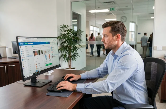 Professionnel de santé comparant deux portails médicaux Medisys sur un écran d'ordinateur dans un bureau hospitalier moderne
