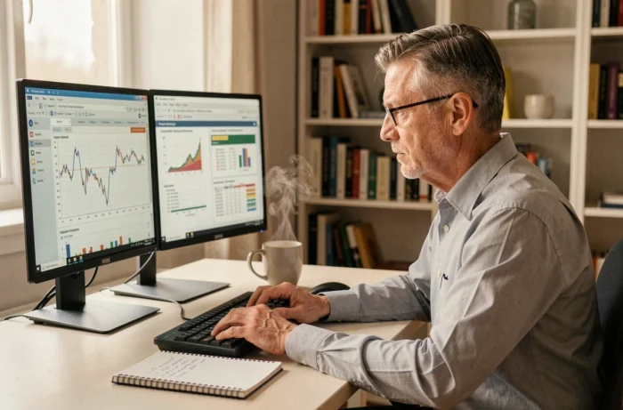 Comptable travaillant sur des modèles d'évaluation financière d'entreprise sur double écran dans un bureau à domicile