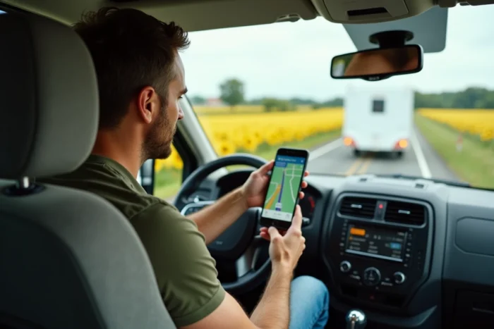 Conducteur de camping-car consultant l'application Waze sur smartphone pour planifier un itinéraire en caravane sur une route de campagne française